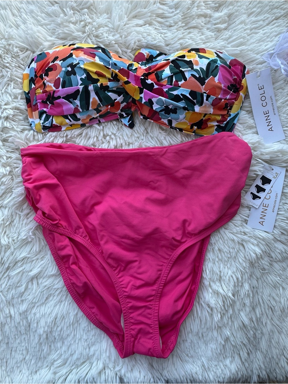 Anne Cole Floral Bandeau Bikini Top with Hot Pink High-Waist Bottoms size medium